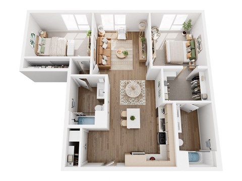 A top-down view of a modern apartment layout with a kitchen, living room, and bedrooms.